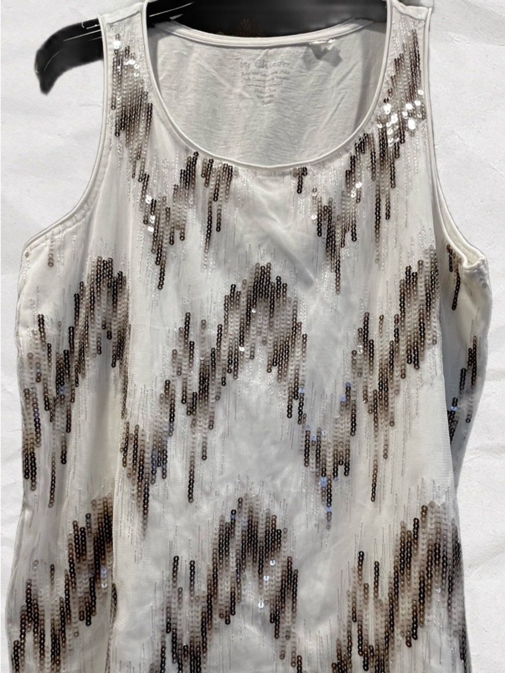 Chico's White Tank with Brown/Taupe and Silver Sequin Pattern
